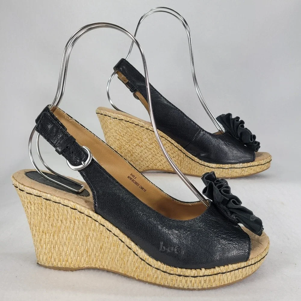 BOC Born Black Leather Peep Toe Wedge Sandals Womens‎ Sz 9 Strappy Flower